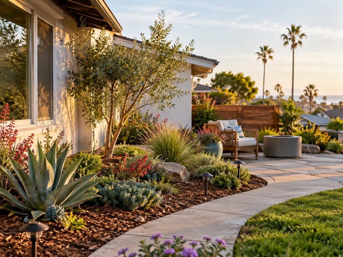 Illustrative photo of a landscaped garden bed with drought-tolerant plants beside a walkway