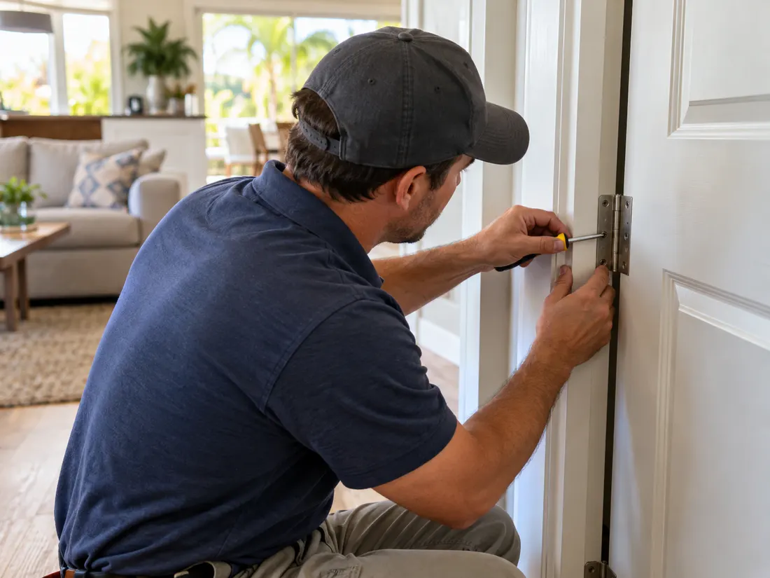 Illustrative photo of a handyman adjusting a door hinge with a screwdriver