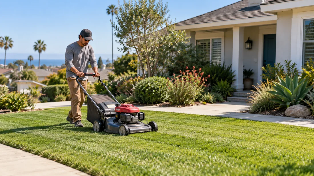Illustrative photo of a lawn care professional mowing a green front lawn in a coastal neighborhood